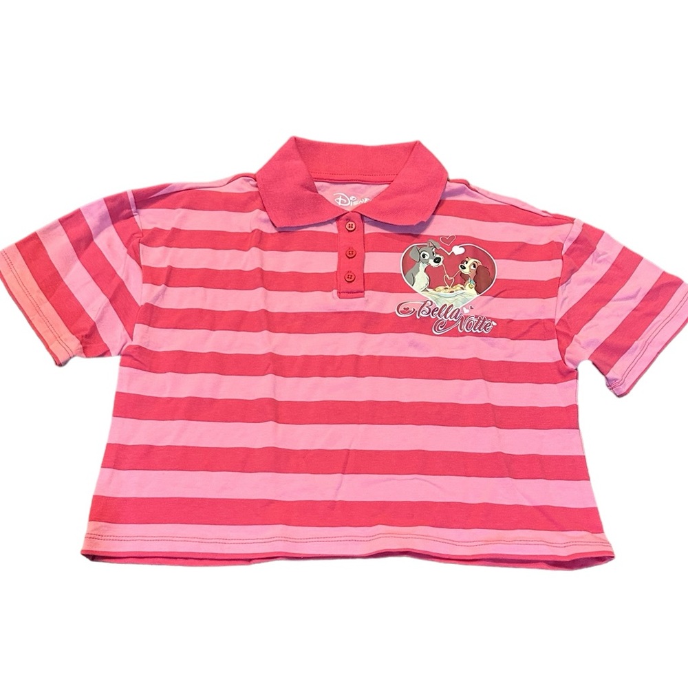 Disney Girls Pink Striped Cropped Lady & the Tramp Polo Shirt various sizes - Picture 1 of 12